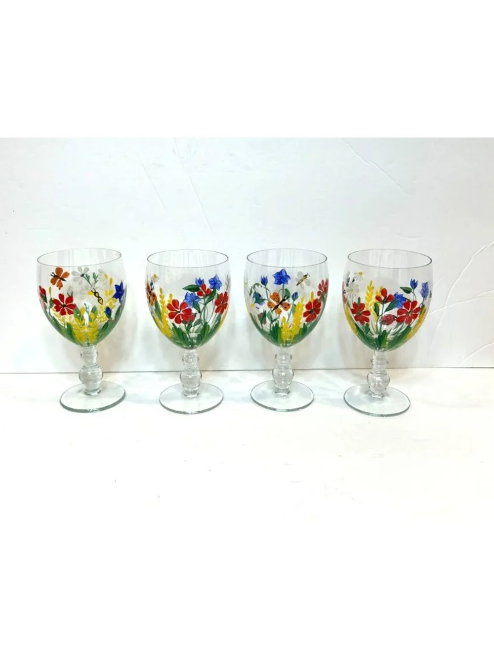 Vintage Floral Royal Danube Water Goblets Romania Set Of 4 Hand-Painted Glasses